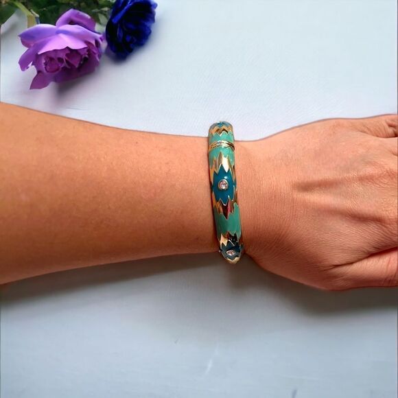 Sequin Southwest Blue Teal Gold Rhinestone Stackable Hinged Clamper Bangle NWT - Picture 5 of 5